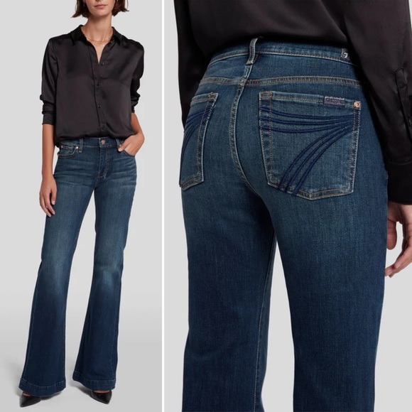 7 For All Mankind Dojo Jeans Low Rise Flare Western Y2K Dark Denim Blue 30 - Picture 2 of 16